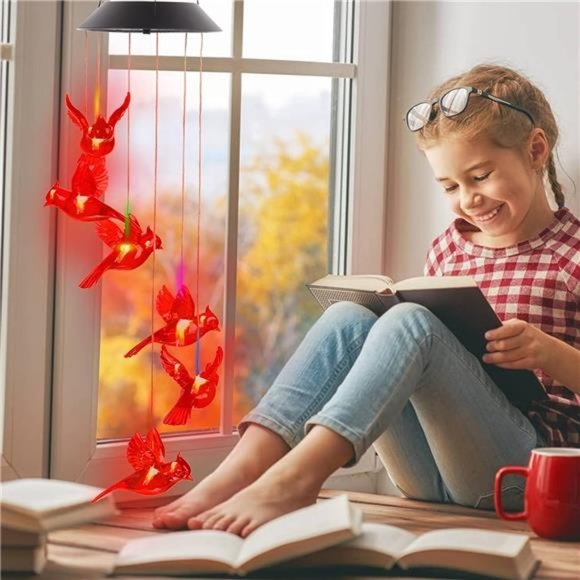 Cardinal Wind Chimes, Solar Powered Red Cardinal Bird Wind Chime Wind Moblie LED - Picture 6 of 6